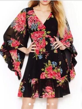 Betsey Johnson Black Flowy Dress with Pink Floral Print and Bell Sleeves Sz 2